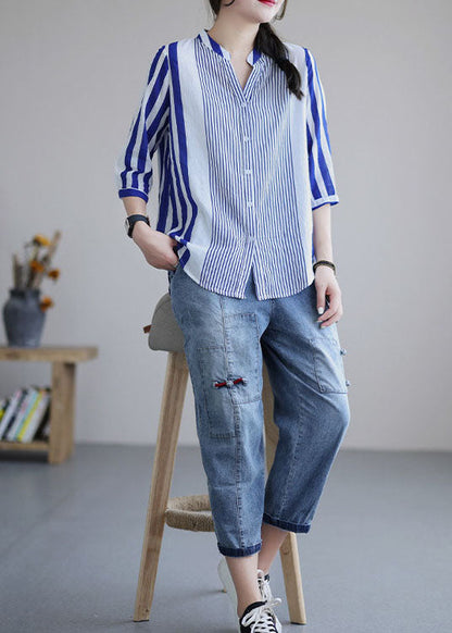 Blue V Neck Striped Cotton Blouses Bracelet Sleeve