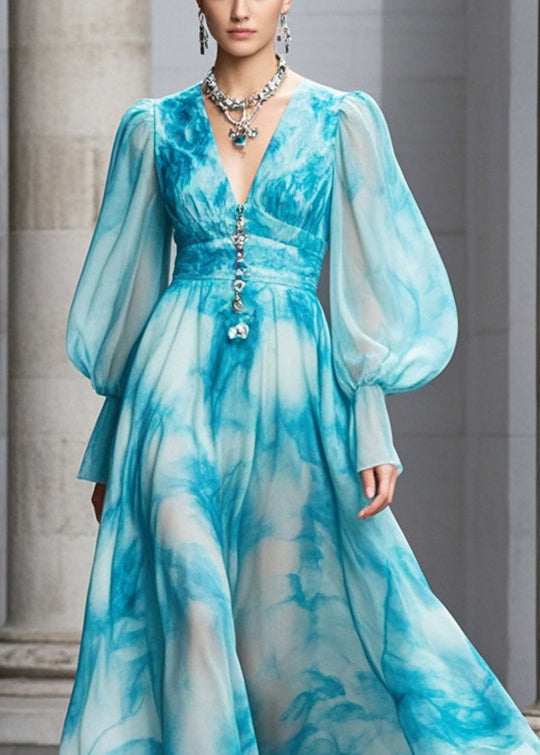 Blue V Neck Tie Dye Chiffon Maxi Dresses Fall
