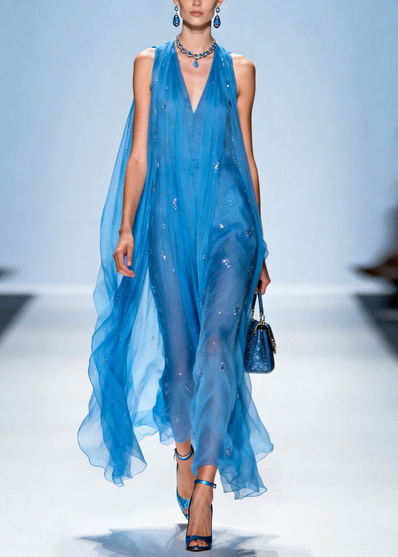 Blue V Neck Zircon Chiffon Dresses Sleeveless