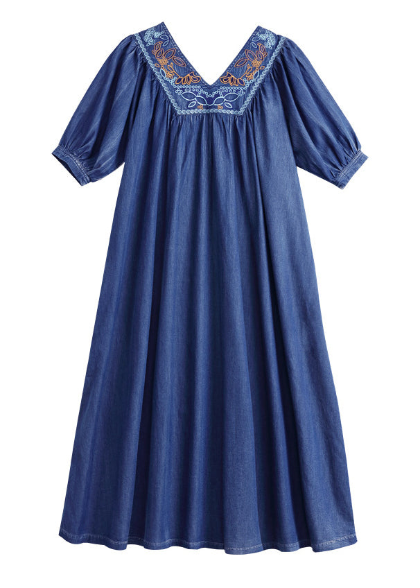 Blue V Neck Wrinkled Embroideried Cotton Party Dress Half Sleeve