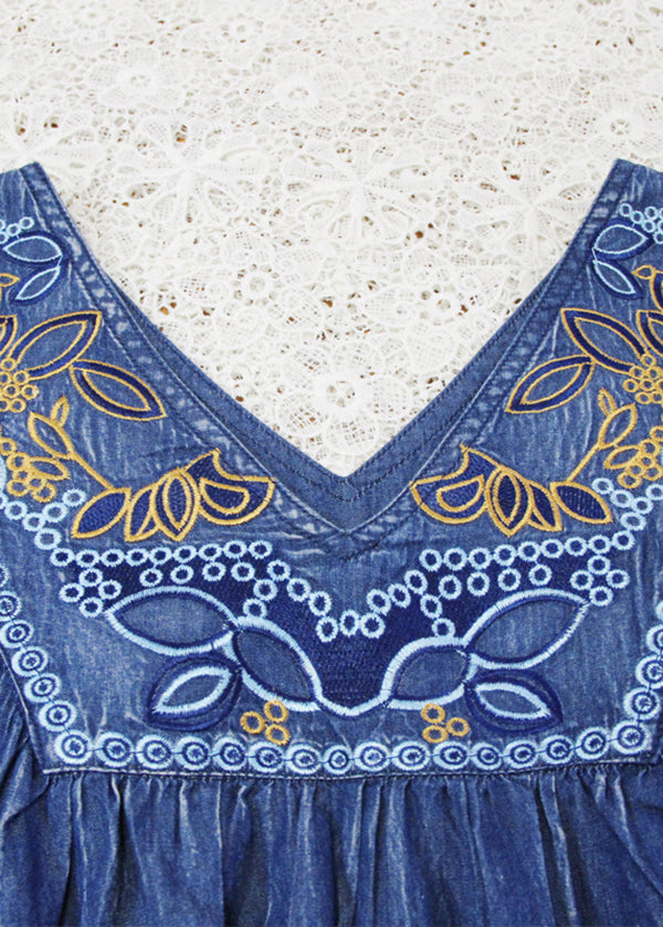 Blue V Neck Wrinkled Embroideried Cotton Party Dress Half Sleeve