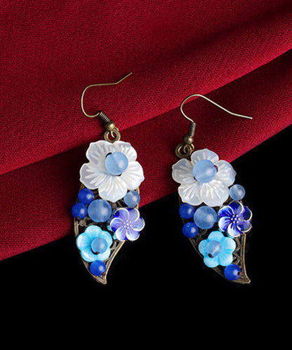 Blue White Copper Shell Flower Chalcedony Cloisonne Drop Earrings