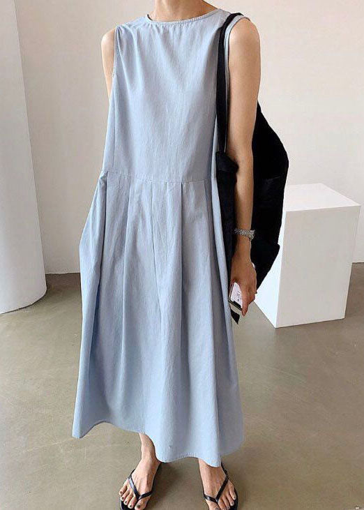 Blue Wrinkled Button Patchwork Wear on Both Sides Cotton Dresses Sleeveless