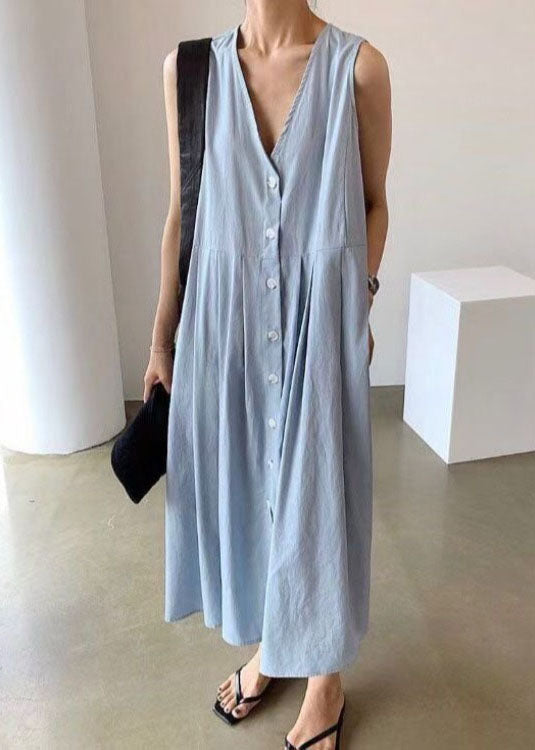 Blue Wrinkled Button Patchwork Wear on Both Sides Cotton Dresses Sleeveless