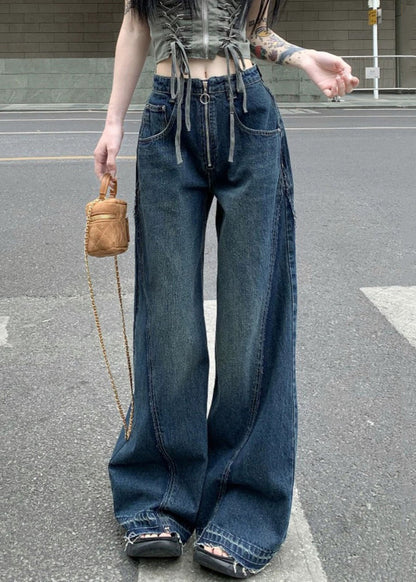 Blue Zip Up Pockets Denim Wide Leg Pants Summer