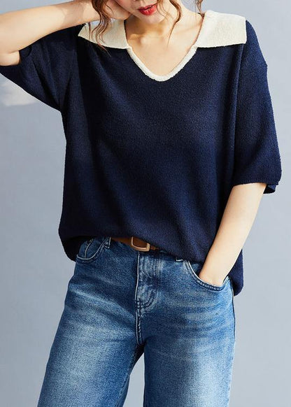 Blue Cotton Blouse Polo Collar Oversized Summer Shirt Style