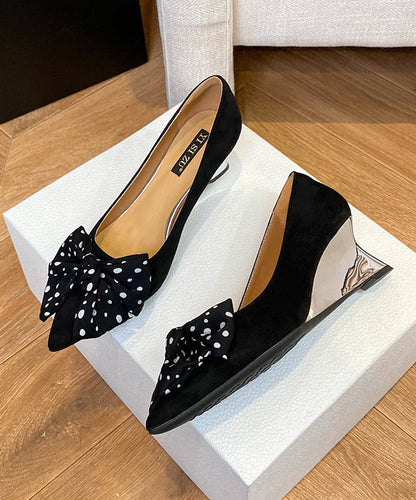 Bow Splicing Wedge Shoes Black Suede Pointed Toe