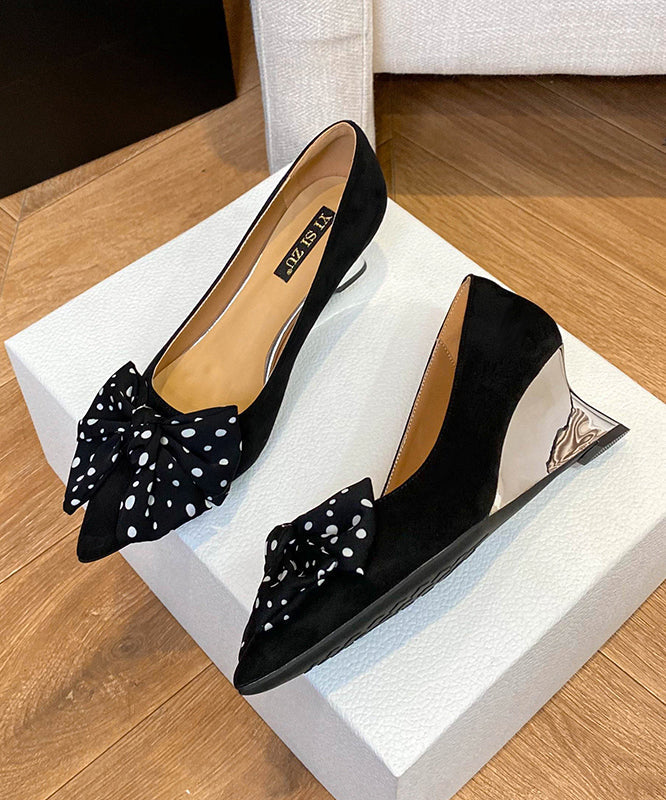 Bow Splicing Wedge Shoes Black Suede Pointed Toe