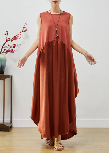 Brick Red Oversized Patchwork Silk Long Dress Sleeveless