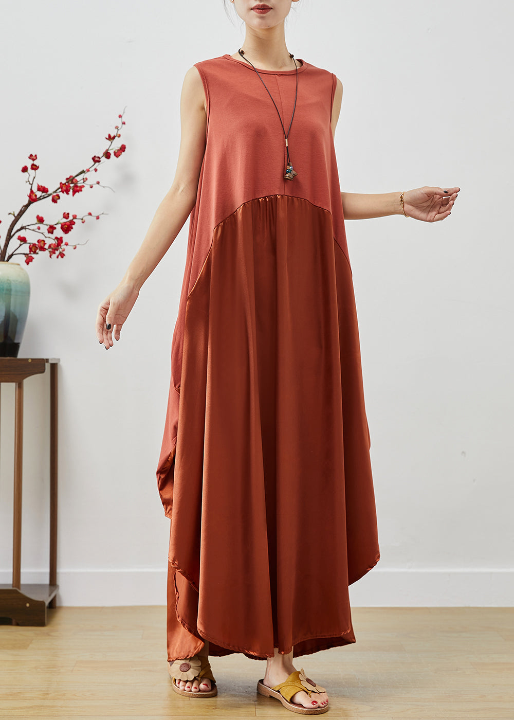 Brick Red Oversized Patchwork Silk Long Dress Sleeveless