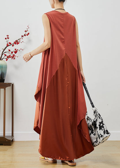 Brick Red Oversized Patchwork Silk Long Dress Sleeveless