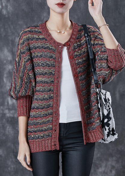 Brick Red Oversized Striped Knit Cardigans Spring