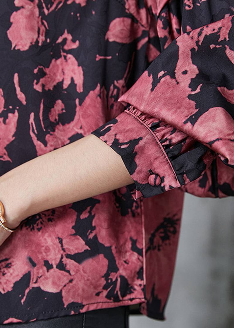 Brick Red Stand Collar Print Chiffon Shirt Top Lantern Sleeve