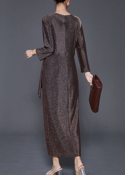 Brown Asymmetrical Side Open Silk Velour Dresses Fall