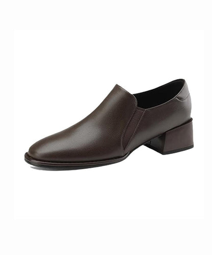 Brown Cowhide Leather Chunky Heel Penny Loafers