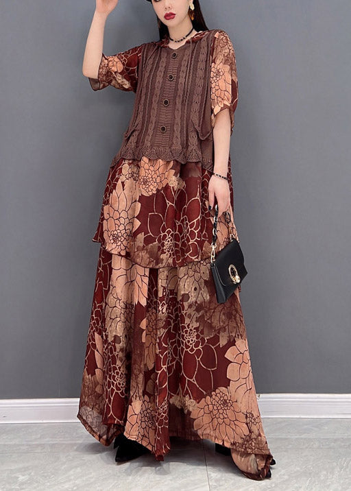 Brown Hooded Knit Patchwork Chiffon Tops and Wide Leg Pants Two Pieces Half Sleeve