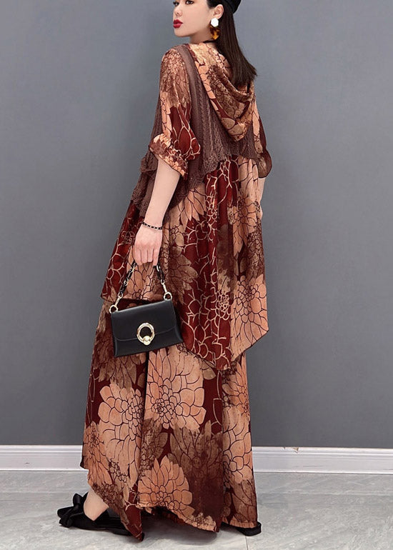 Brown Hooded Knit Patchwork Chiffon Tops and Wide Leg Pants Two Pieces Half Sleeve