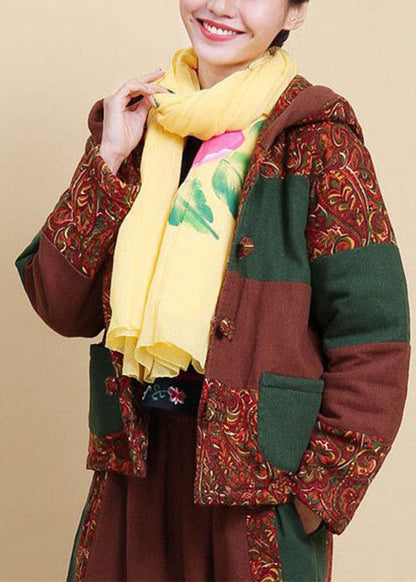 Brown Hooded Pockets Patchwork Fine Cotton Filled Parkaer Winter