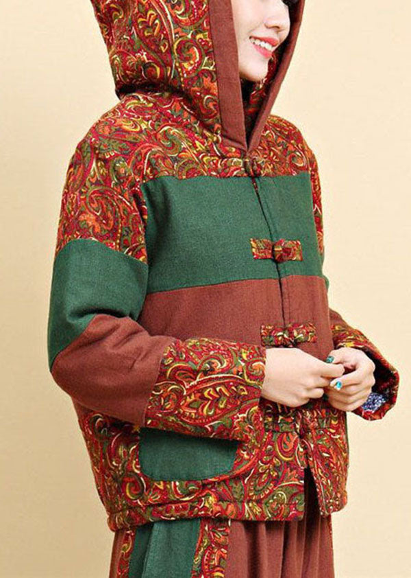 Brown Hooded Pockets Patchwork Fine Cotton Filled Parkaer Winter