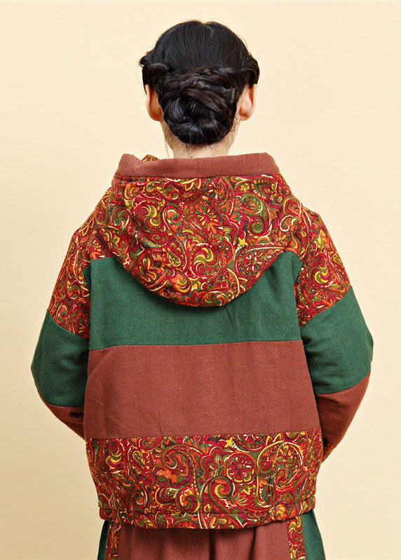 Brown Hooded Pockets Patchwork Fine Cotton Filled Parkaer Winter