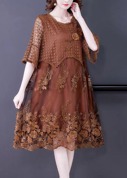 Brown O-neck Embroideried Lace Vacation Dresses Half Sleeve