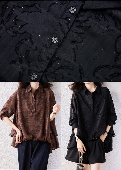 Women Brown Oversized Jacquard Chiffon Blouse Top Fall