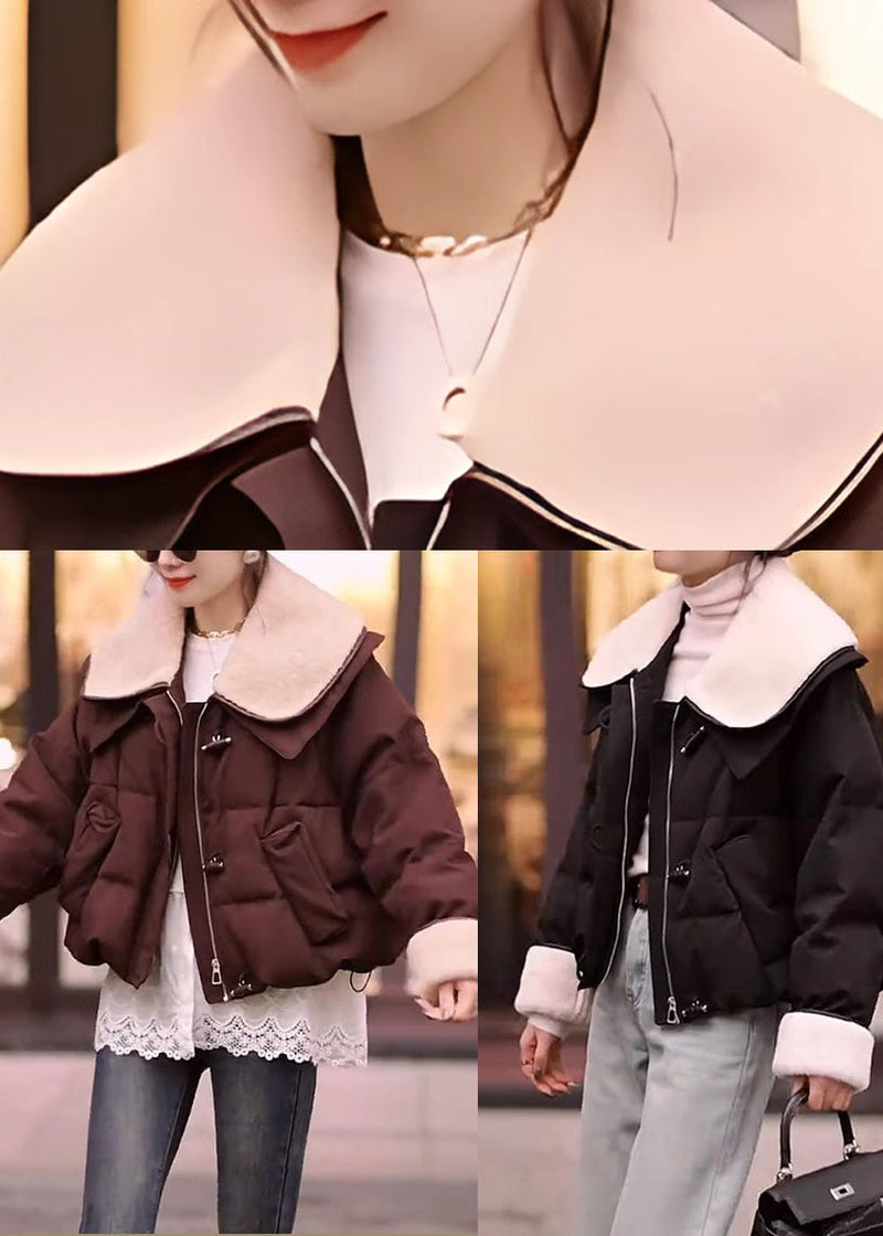 Brown Peter Pan Collar Patchwork Fine Cotton Filled Jackets Winter
