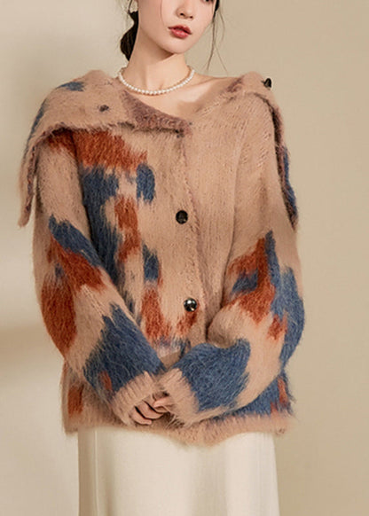 Brown Print Button Cotton Knit Cardigan Spring