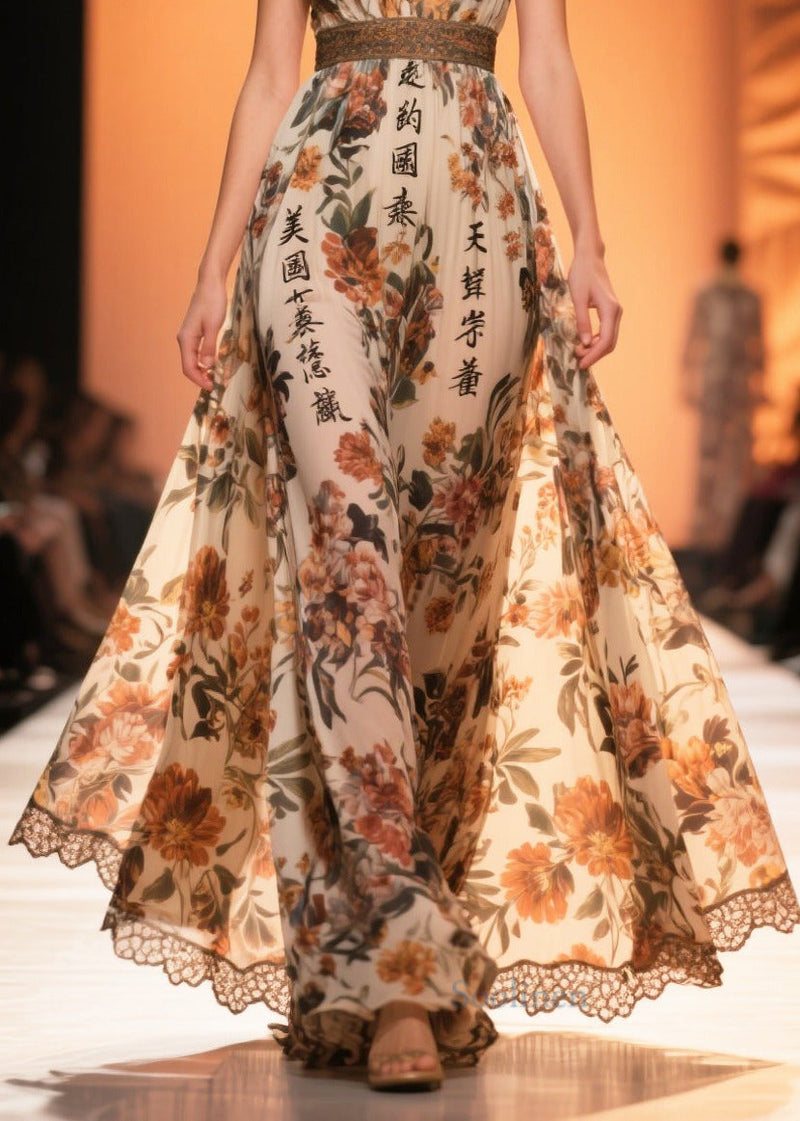 Brown Print Draping Chiffon Vestidos Dresses Summer