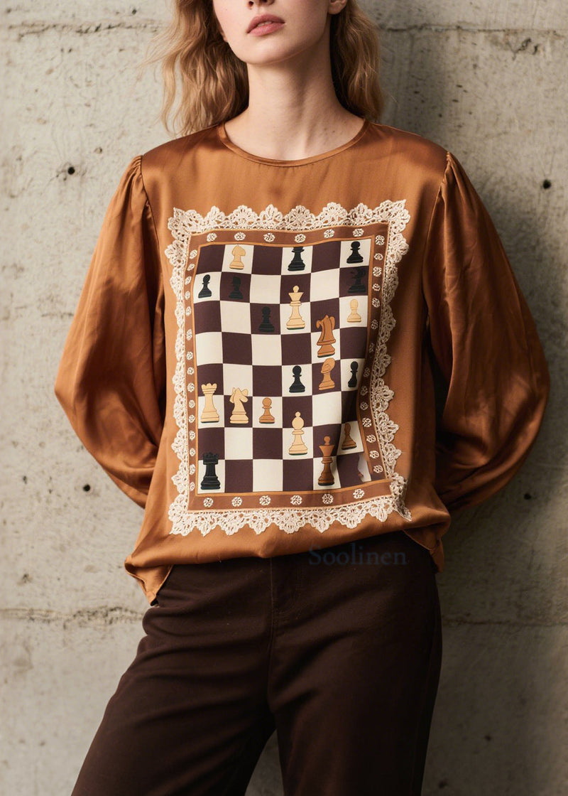 Brown Print Patchwork Silk Shirts Spring