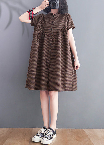 Brown Ruffled Plaid Linen a Line Dress Summer