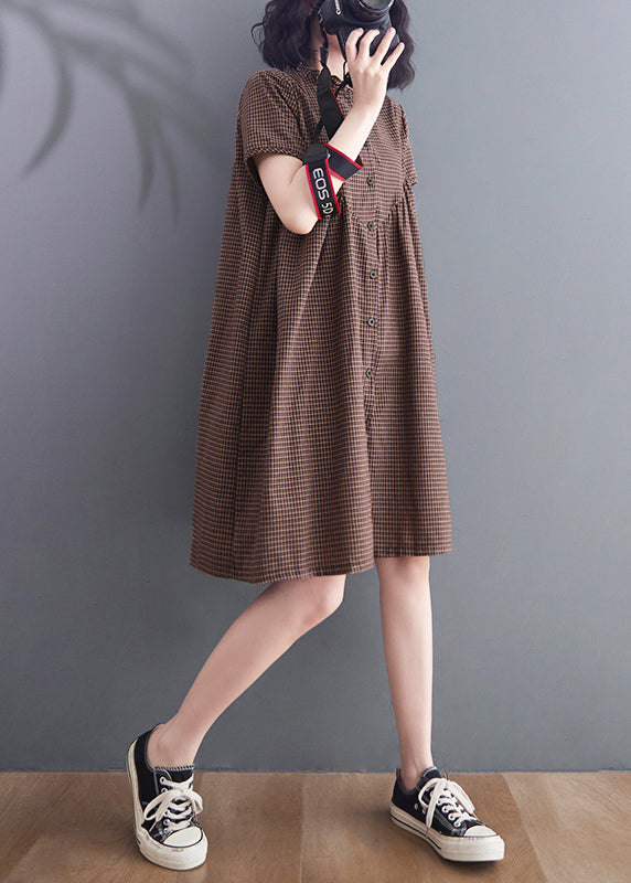 Brown Ruffled Plaid Linen a Line Dress Summer