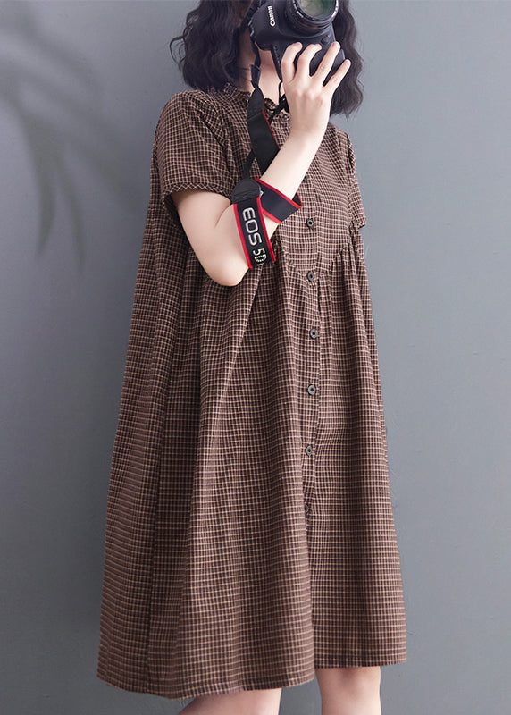 Brown Ruffled Plaid Linen a Line Dress Summer