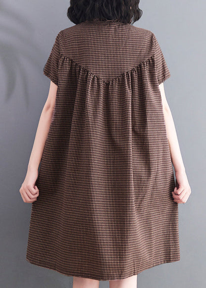 Brown Ruffled Plaid Linen a Line Dress Summer