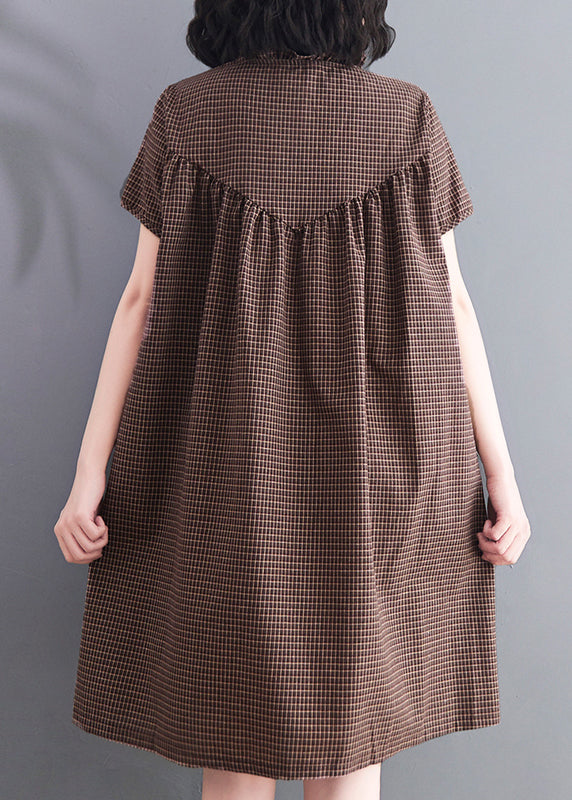 Brown Ruffled Plaid Linen a Line Dress Summer