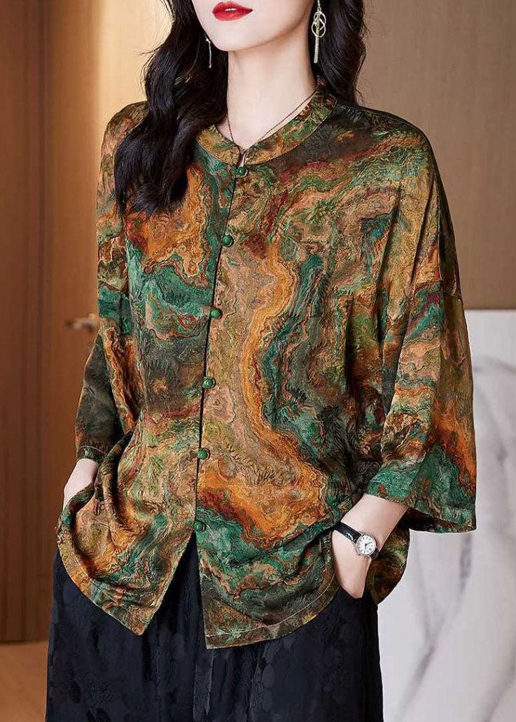 Black- Stand Collar Button Print Patchwork Silk Blouse Top Summer