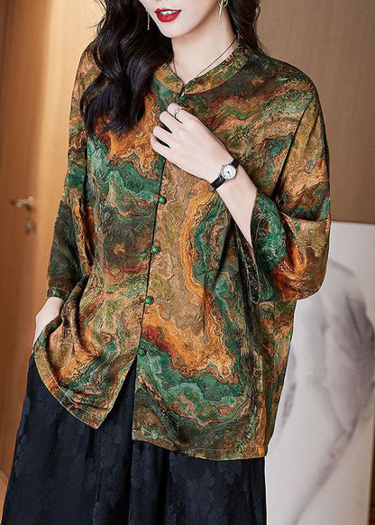 Black-texture Stand Collar Button Print Patchwork Silk Blouse Top Summer