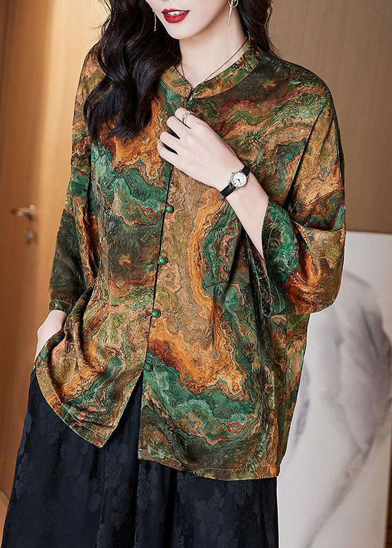 Black-texture Stand Collar Button Print Patchwork Silk Blouse Top Summer