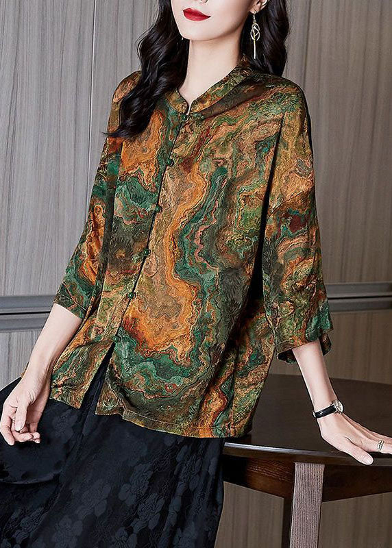 Black- Stand Collar Button Print Patchwork Silk Blouse Top Summer