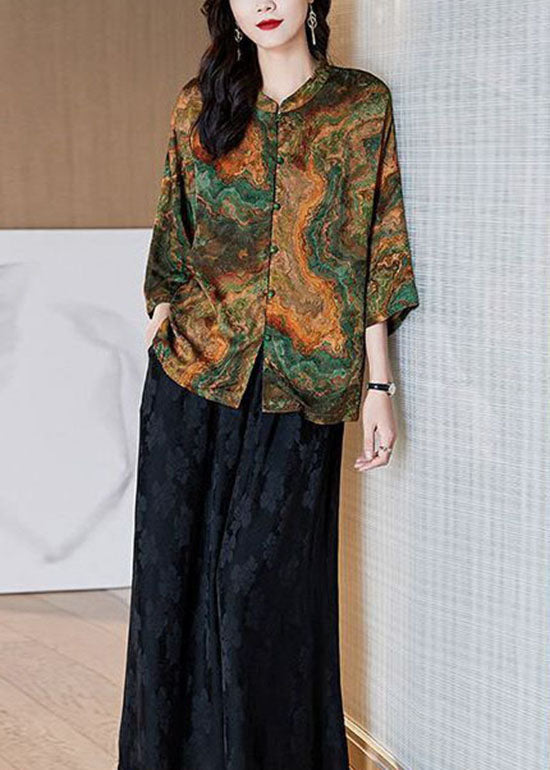 Red Stand Collar Button Print Patchwork Silk Blouse Top Summer