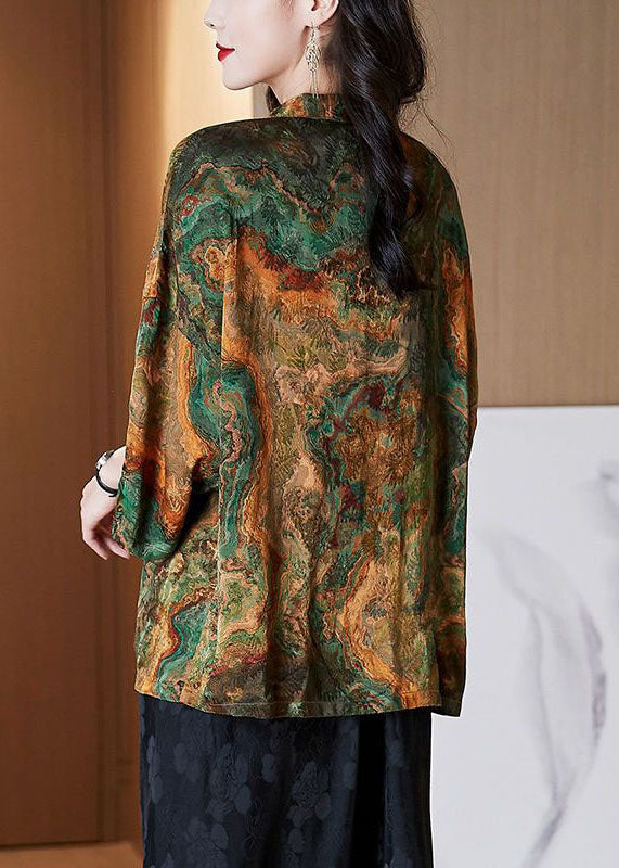 Black-texture Stand Collar Button Print Patchwork Silk Blouse Top Summer