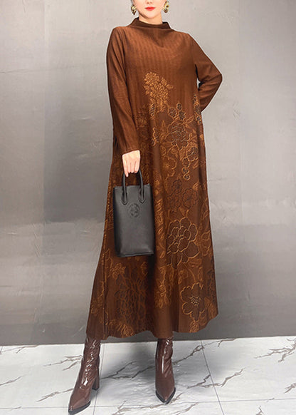 Brown Stand Collar Print Long Dresses Spring