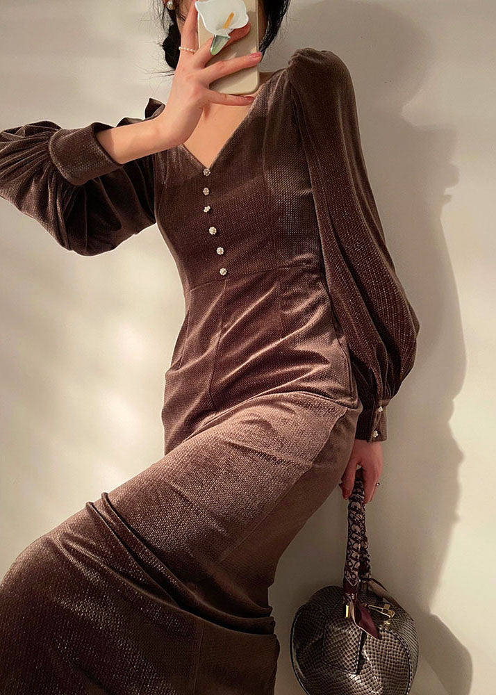 Brown V Neck Button Wraped Silk Velour Dresses Vestidos Long Sleeve
