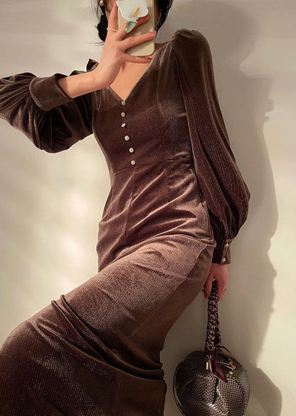 Brown V Neck Button Wraped Silk Velour Dresses Vestidos Long Sleeve