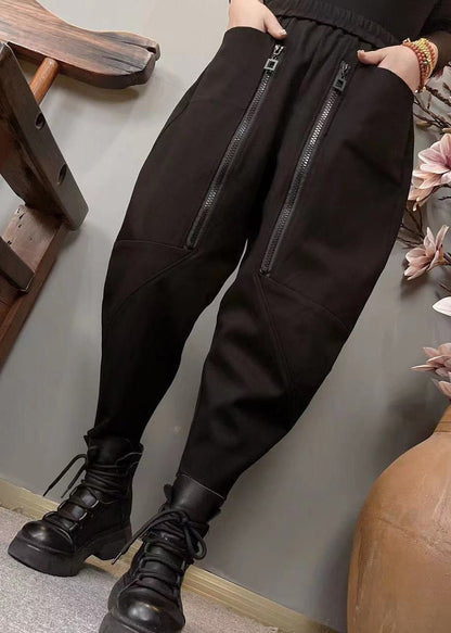 Brown Zippered Patchwork Elastic Waist Warm Fleece Harem Pants Winter