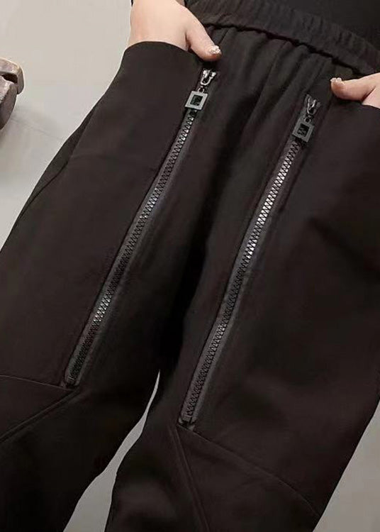 Brown Zippered Patchwork Elastic Waist Warm Fleece Harem Pants Winter