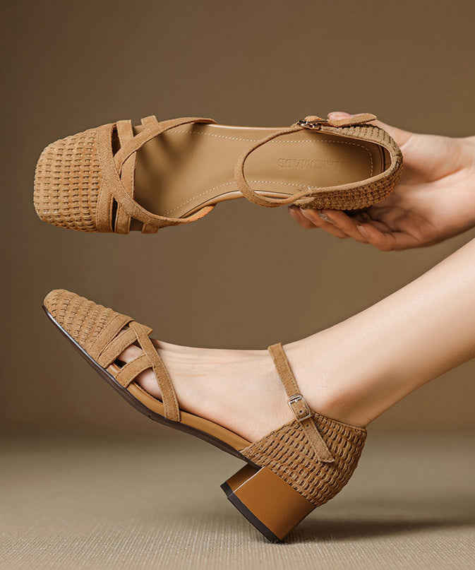 Buckle Strap Splicing Chunky Sandals Caramel Suede