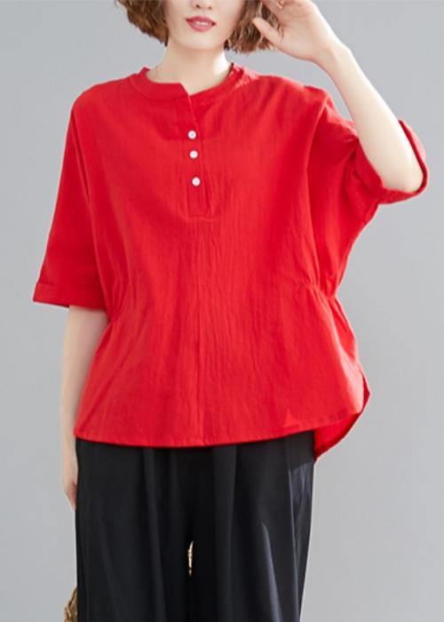 Button Down Elastic Waist Linen Shirts Red Art Blouses