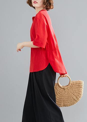 Button Down Elastic Waist Linen Shirts Red Art Blouses