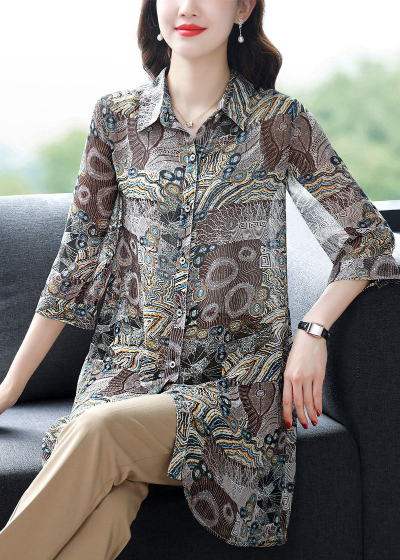 Button Peter Pan Collar Print Chiffon Blouse Tops Three Quarter Sleeve